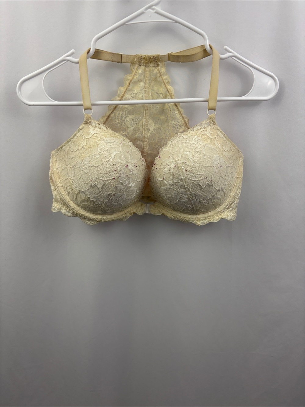 Pink Victoria’s Secret date Racerback Bra 34DD Front Close Cream Floral Lace